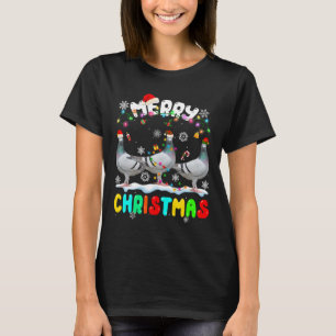 T-shirt Joyeux Noël Pigeon Lover Santa Hat Noël Lumières