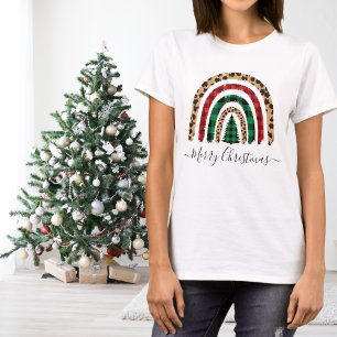 T-shirt Joyeux Noël Plaid et Empreinte de léopard Rainbow
