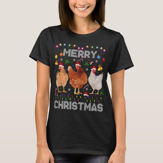 T-shirt Joyeux Noël Poulet de Noël Lumières de chapeau Noë (Devant)
