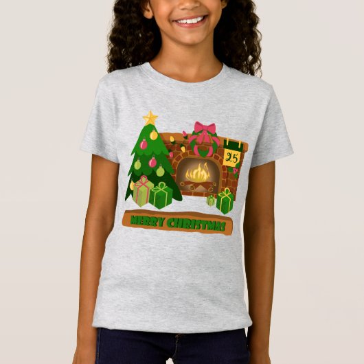 T-Shirt Joyeux Noël près de la cheminée bonfire xmas arbre (Devant)