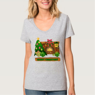 T-shirt Joyeux Noël près de la cheminée bonfire xmas arbre