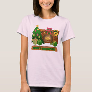 T-shirt Joyeux Noël près de la cheminée bonfire xmas arbre