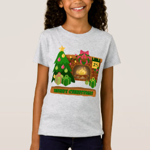 T-Shirt Joyeux Noël près d'un feu de cheminée arbre de noë