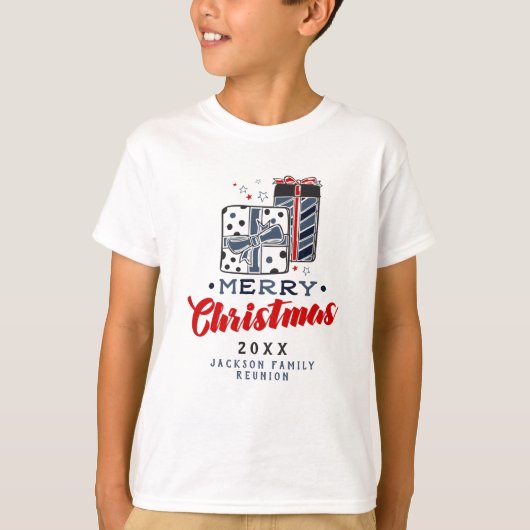 T-shirt Joyeux Noël Présents Texte personnalisé Rouge Bleu (Devant)