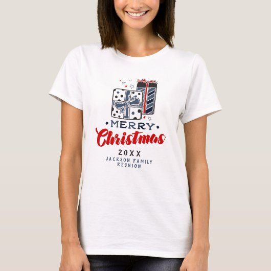 T-shirt Joyeux Noël Présents Texte personnalisé Rouge Bleu (Devant)