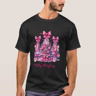 T-shirt Joyeux Noël rose Arbre de Noël Coquette Bow T