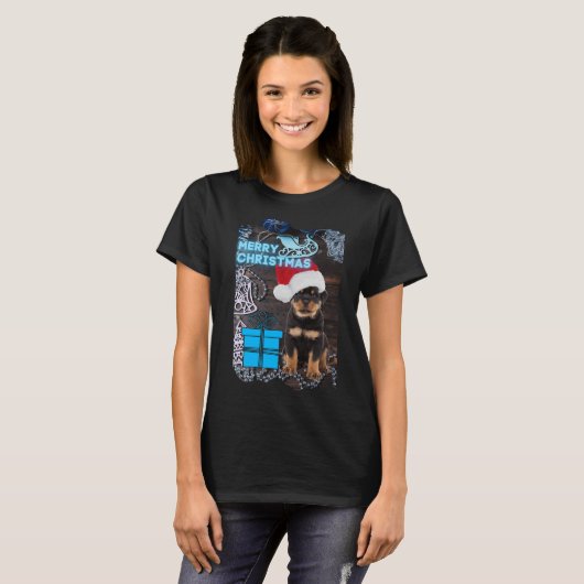 T-shirt Joyeux Noël Rottweiler Puppy avec présent (Devant entier)