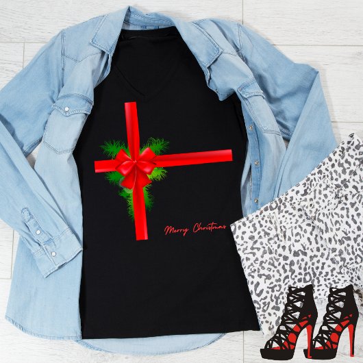 T-shirt Joyeux Noël Rouge ruban et Bow