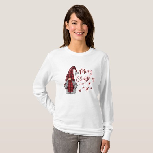 T-shirt Joyeux Noël Rustique Gnome en Red Buffalo Plaid (Devant entier)