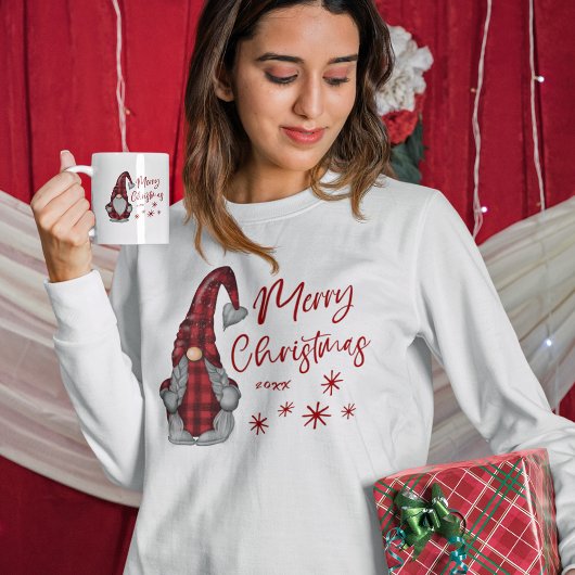 T-shirt Joyeux Noël Rustique Gnome en Red Buffalo Plaid