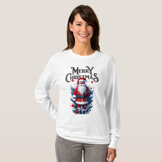 T-shirt Joyeux Noël Santa Claus femmes long manches (Devant entier)