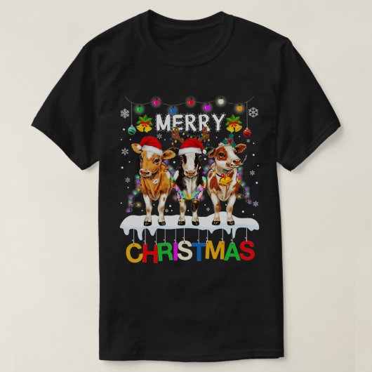 T-shirt Joyeux Noël Vache fermier Santa Hat Flammes (Design devant)