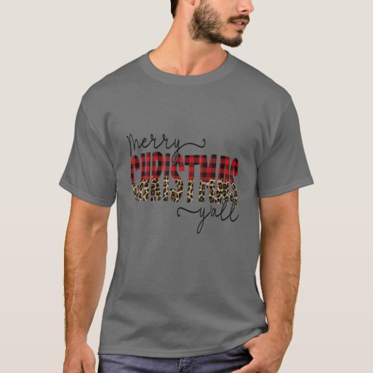 T-shirt Joyeux Noël Y'all Leopard Red Buffalo Plaid (Devant)