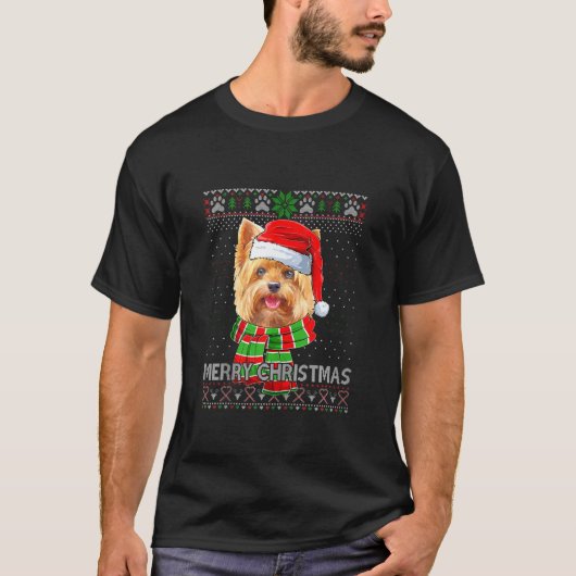 T-shirt Joyeux Noël Yorkie Casquette Père Noël Scarf Ugly  (Devant)