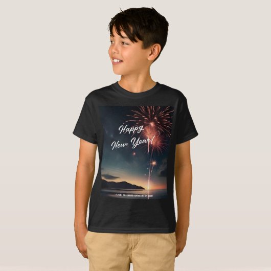 T-shirt Joyeux Nouvel An Fireworks Script Typographie Enfa (Devant entier)