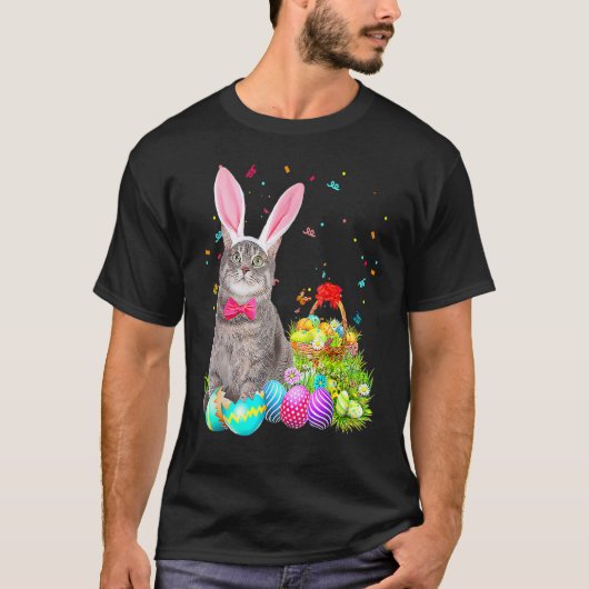 T-shirt Joyeux Pâques mignonne lapin oeufs de chat panier (Devant)