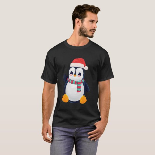 T-shirt Joyeux Penguin de Noël Santa Hat Et Écharpe (Devant entier)