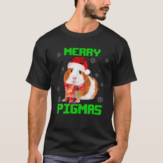 T-shirt Joyeux Pigmas Guinée Cochon Santa Chapeau Lumière  (Devant)
