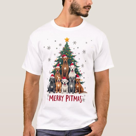 T-shirt Joyeux Pitmas Pitbull Chien Pull de Noël Laid Arbr (Devant)