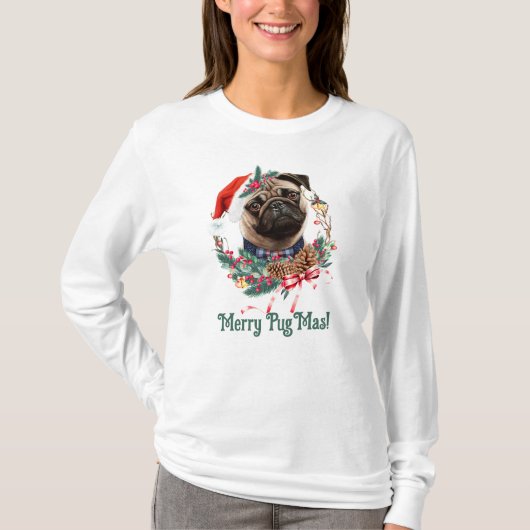 T-shirt Joyeux PugMas - Carlin mignon portant le chapeau d (Devant)