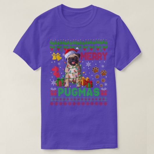 T-shirt Joyeux Pugmas feux de Noël Père Noël Carlin chien (Design devant)