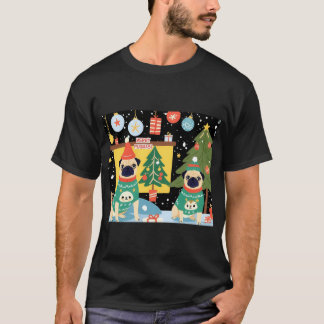 T-SHIRT JOYEUX PUGMAS NOËL CHIENS ÉCHARPES SCÈNE FESTIVE