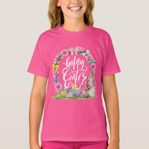 T-shirt Joyeux Script de Pâques Floral Pink Easter Bunny E