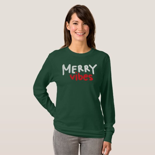 T-shirt Joyeux Vibes Noël Femme à manches longues vert (Devant entier)