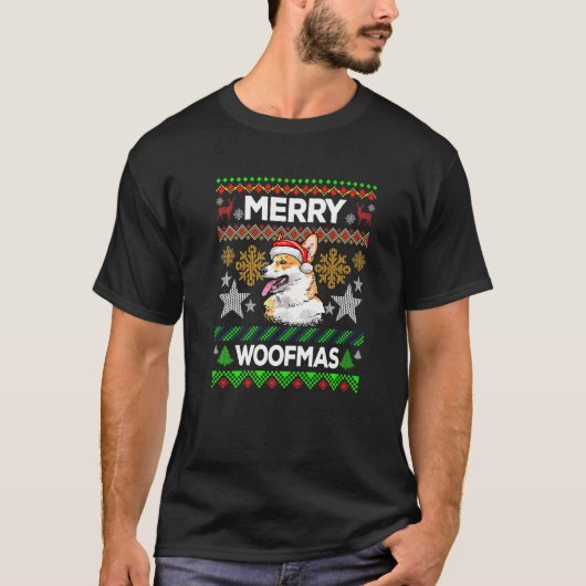 T-shirt Joyeux Woofmas Pull Ugly Noël Welsh Corgi (Devant)
