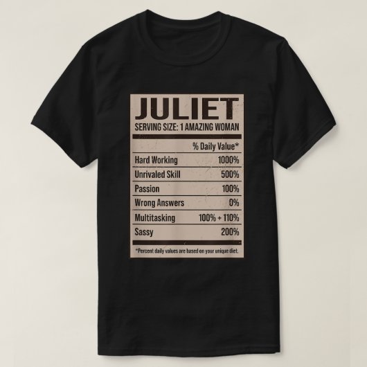 T-shirt Juliet Nutrition Facts Nom Pseudo Alias Titre F (Design devant)