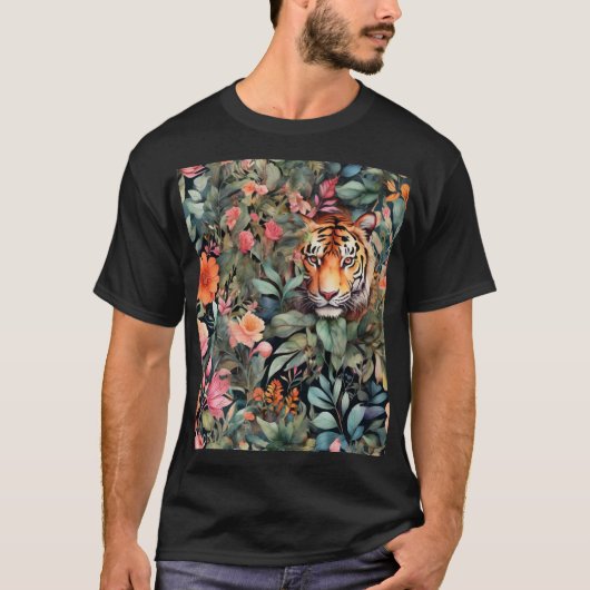 T-shirt jungle colorée avec tigre caché (Devant)