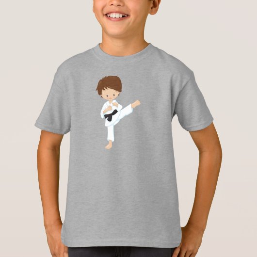 T-shirt Karate Boy, Joli Garçon, Cheveux Brown, Ceinture n (Devant)