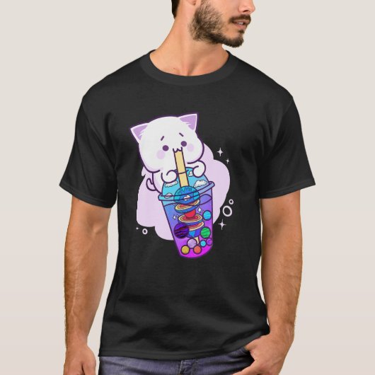 T-shirt Kawaii Anime Boba Galaxy Chat Planet Thé Cute Kitt (Devant)