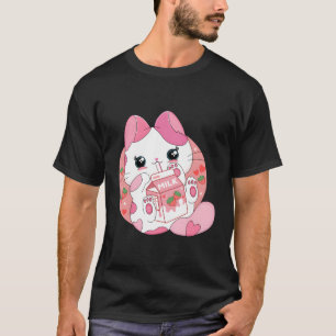 T-shirt Kawaii Anime Chat Boire Lait De Fraise Japonais