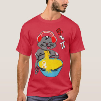 T-shirt Kawaii Anime Kitty Chat Avec Casque Musique Ramen