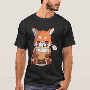 T-shirt Kawaii Anime Panda Rouge Buvant du Boba Bubble Tea