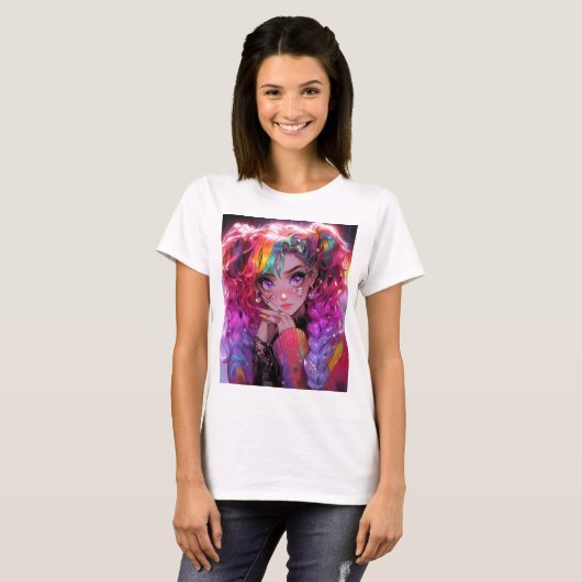T-shirt Kawaii Arc-en-ciel Braids Anime Girl (Devant entier)