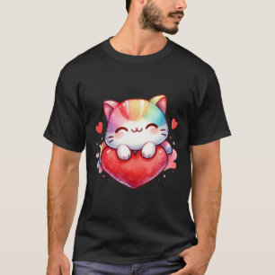 T-shirt Kawaii Arc-en-ciel Mignon Chat Câlin Coeur Kitty A