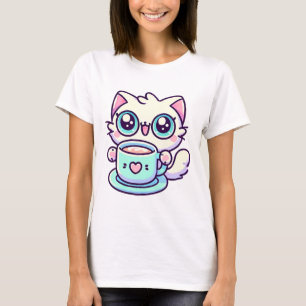 T-shirt Kawaii Big Eyed Chat avec Teacup Cute