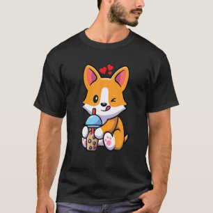 T-shirt Kawaii Boba Chien Corgi Thé Boire mignonne Anime B