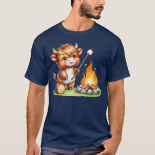 T-shirt Kawaii Camping Highland Cow Roasting Marshmallows