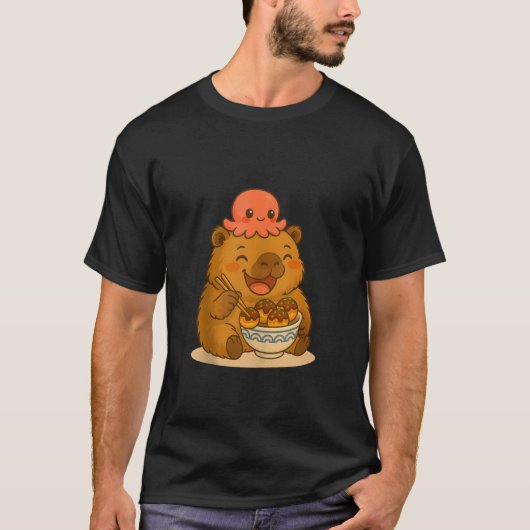 T-shirt Kawaii Capybara with Octopus Eating Takoyaki Japan (Devant)