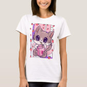 T-shirt Kawaii Cat Drinking Strawberry Milk (Devant)