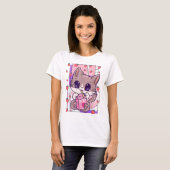 T-shirt Kawaii Cat Drinking Strawberry Milk (Devant entier)