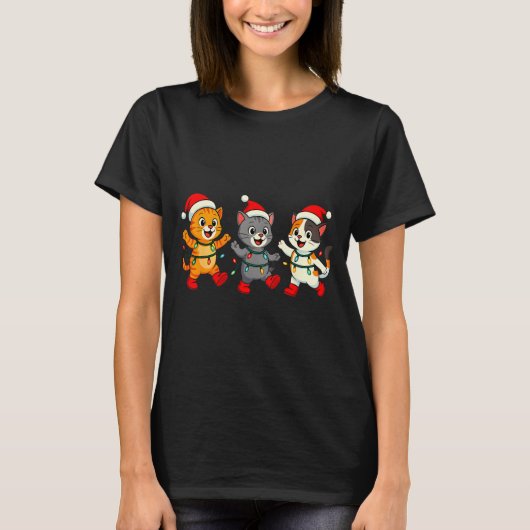 T-shirt Kawaii Cats Santa Hat Dancing Lights Christmas Dan (Devant)