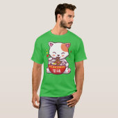 T-shirt Kawaii Chat aime Ramen | Anime Kitty manger Ramen (Devant entier)