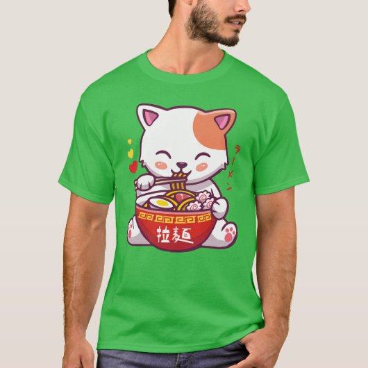 T-shirt Kawaii Chat aime Ramen | Anime Kitty manger Ramen (Devant)