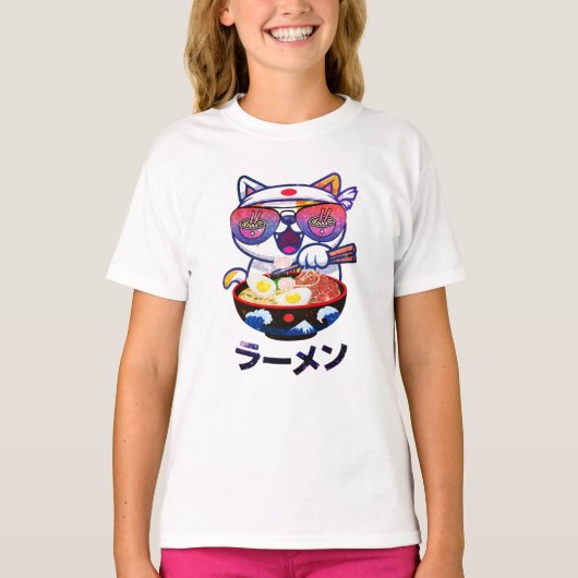 T-shirt Kawaii Chat Manger Des nouilles Ramen (Devant)