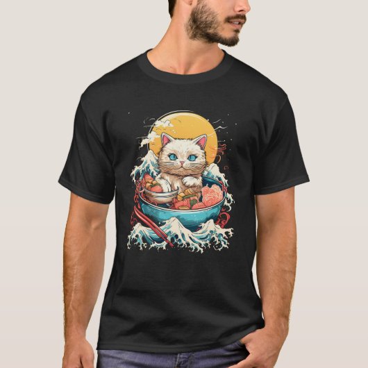 T-shirt Kawaii Chat Manger Ramen Noodle J'Aime Vraiment (Devant)