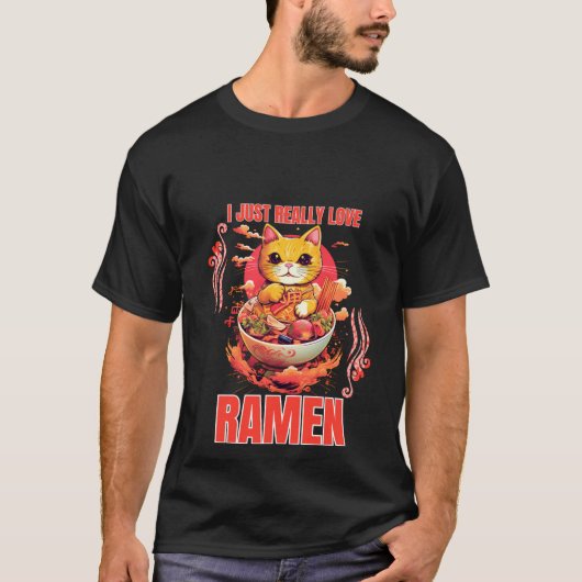 T-shirt Kawaii Chat Manger Ramen Noodle J'Aime Vraiment (Devant)